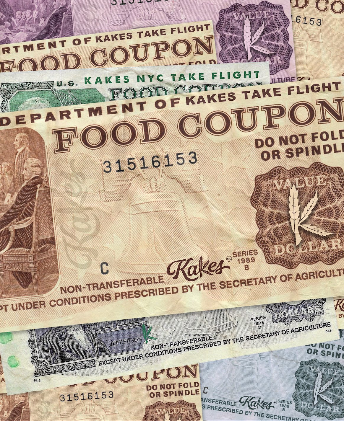 The Kakes Food Stamp — a hand-drawn homage to a U.S. food coupon, in Kakes NYC brand colors